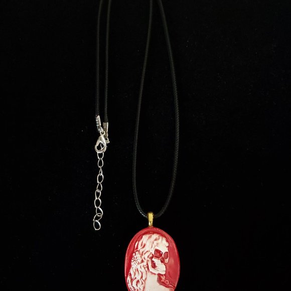 Handmade Ceramic Red Skull Cameo Pendant Necklace - Picture 4 of 14